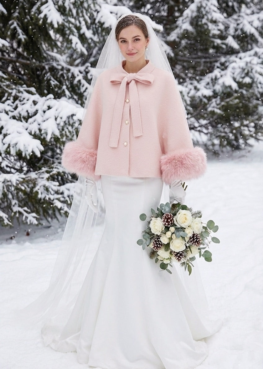 Sissily Designs Pink Bridal Cape with Faux Fur Trim (Amanda Pin06)