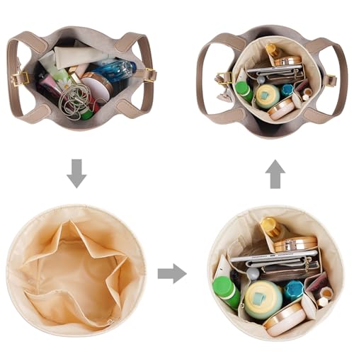 Purse Organizer Insert Nylon Round Bucket Bag Organizer for Handbag Small Tote Dividers Insert (Beige) | Nylon Handbag Dividers for Inside Purse,Roomy Organizer for Bucket Bag,Round/Circular Bag Insert,5 Pockets/2 Colors - color: Beige