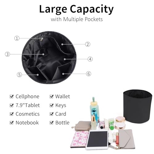 Purse Organizer Insert Nylon Round Bucket Bag Organizer for Handbag Small Tote Dividers Insert (Black) | Nylon Handbag Dividers for Inside Purse,Roomy Organizer for Bucket Bag,Round/Circular Bag Insert,5 Pockets/2 Colors - color: Black
