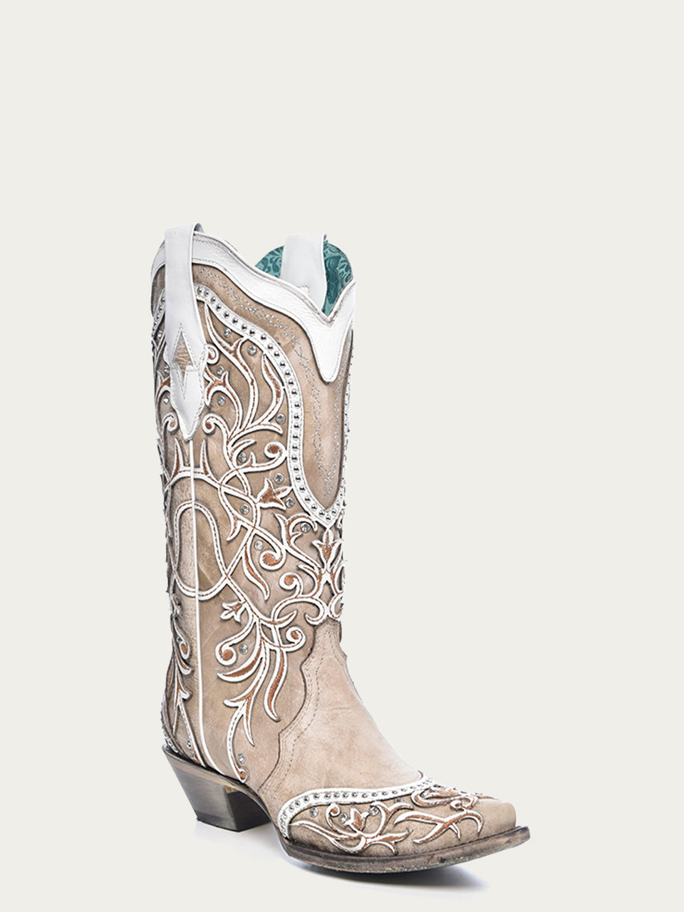 Corral Boot Company LLC A3837 - WOMEN'S WHITE OVERLAY EMBROIDERY STUDS AND CRYSTALS
